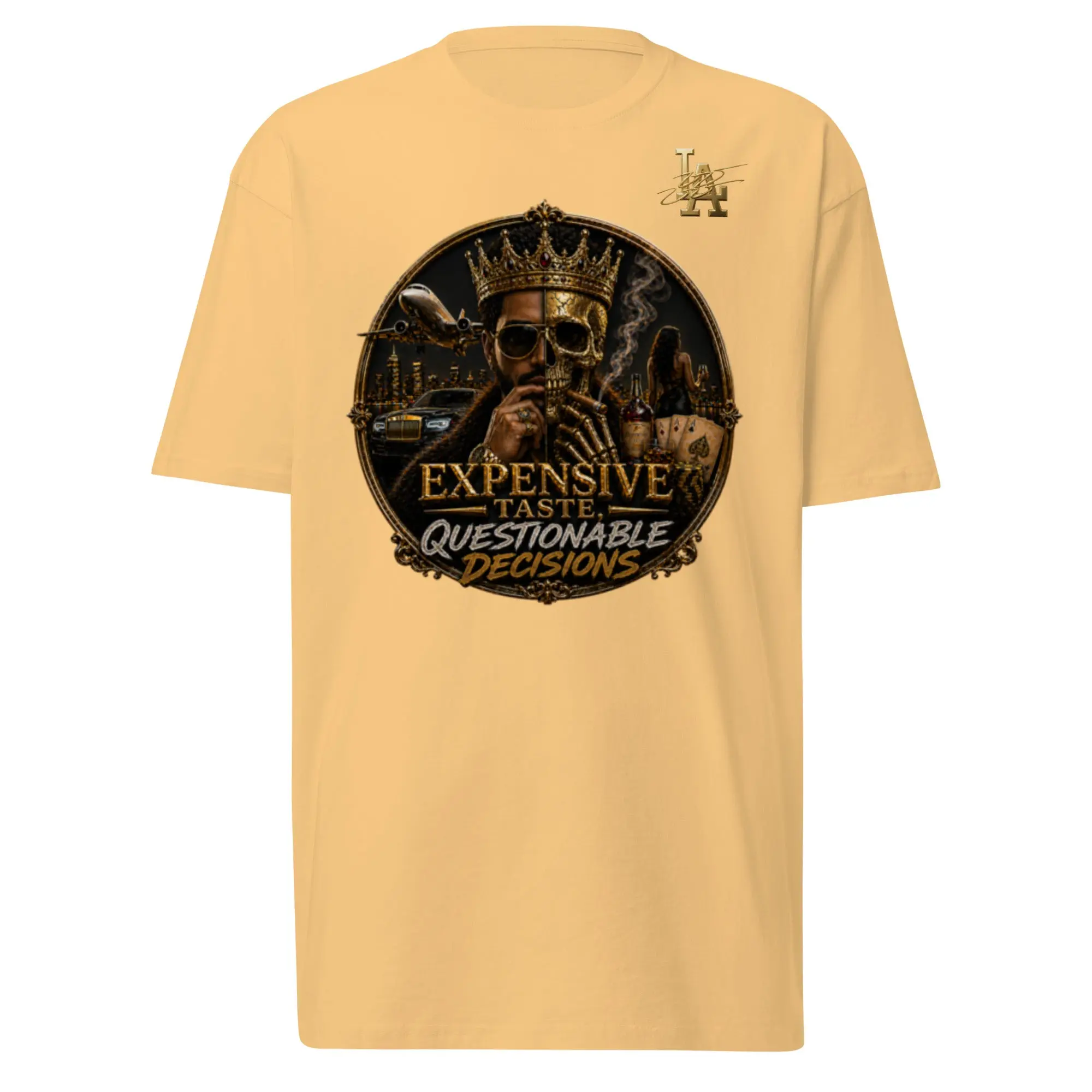 Expensive Taste, Questionable Decisions premium heavyweight tee