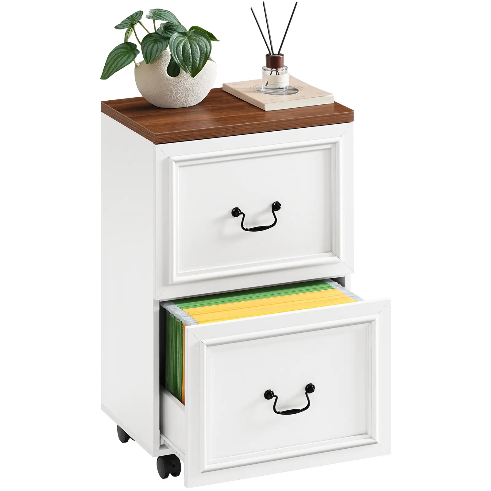 MAHANCRIS Mobile Filing Cabinet, Farmhouse File Cart with 2 Drawers, for A4/Letter-Size Files, Adjustable Hanging Rod, Wooden File Storage Cabinet on Wheels, for Home Office, White and Walnut #SummerVibes#DealsforYouDays #SummerGarden