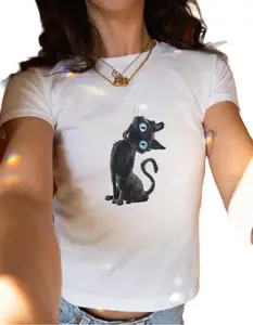 Retro Black Cat Coraline Baby Tee, Y2K Womens Fitted Tshirts, Coraline Shirt