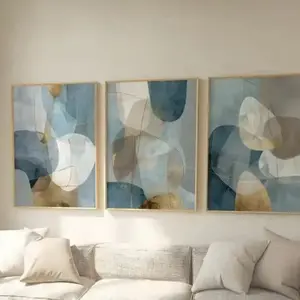 3pcs Abstract Blue Gray Gold Geometric Canvas Frameless Canvas Painting Neutral Pink and Green Wall Art Poster Living Room Modern Home Decor Home Decoration