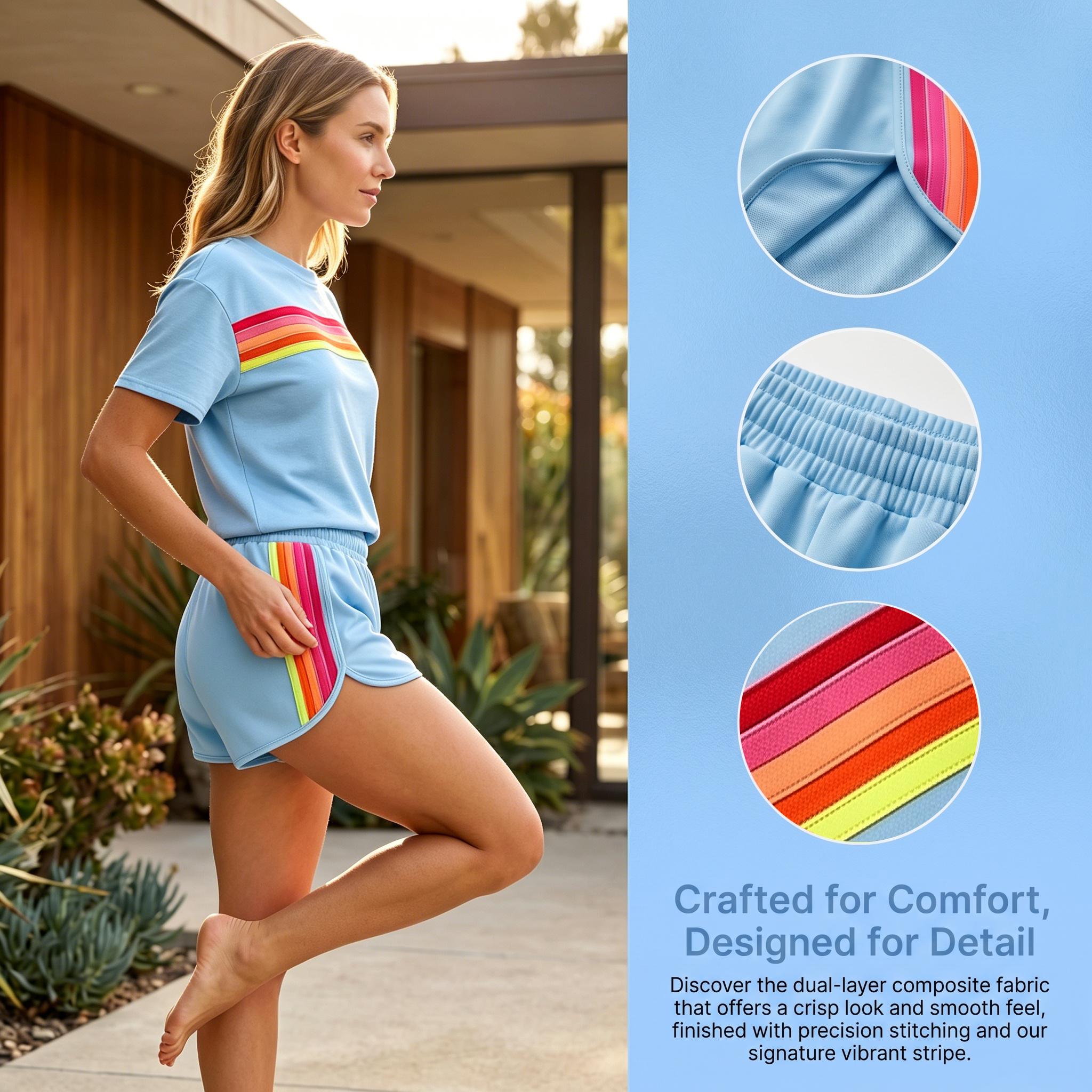 Women's Short 2-Piece Rainbow Strip Outdoor Sportswear Set - Loose Fit Crop Top & Bottoms, Solid Round Neck, Short Sleeves, Lightweight Breathable Blend Clothing, Baby Blue, Baseball Use, Light Spandex Women's Clothes tiktokshopspringglowup, 2 Piece Sets, Women's Short 2-Piece Rainbow Strip Outdoor Sportswear Set - Loose Fit Crop Top & Bottoms, Solid Round Neck, Short Sleeves, Lightweight Breathable Blend Clothing, Baby Blue, Baseball Use, Light Spandex Women's Clothes tiktokshopspringglowup, 2 Piece Sets,