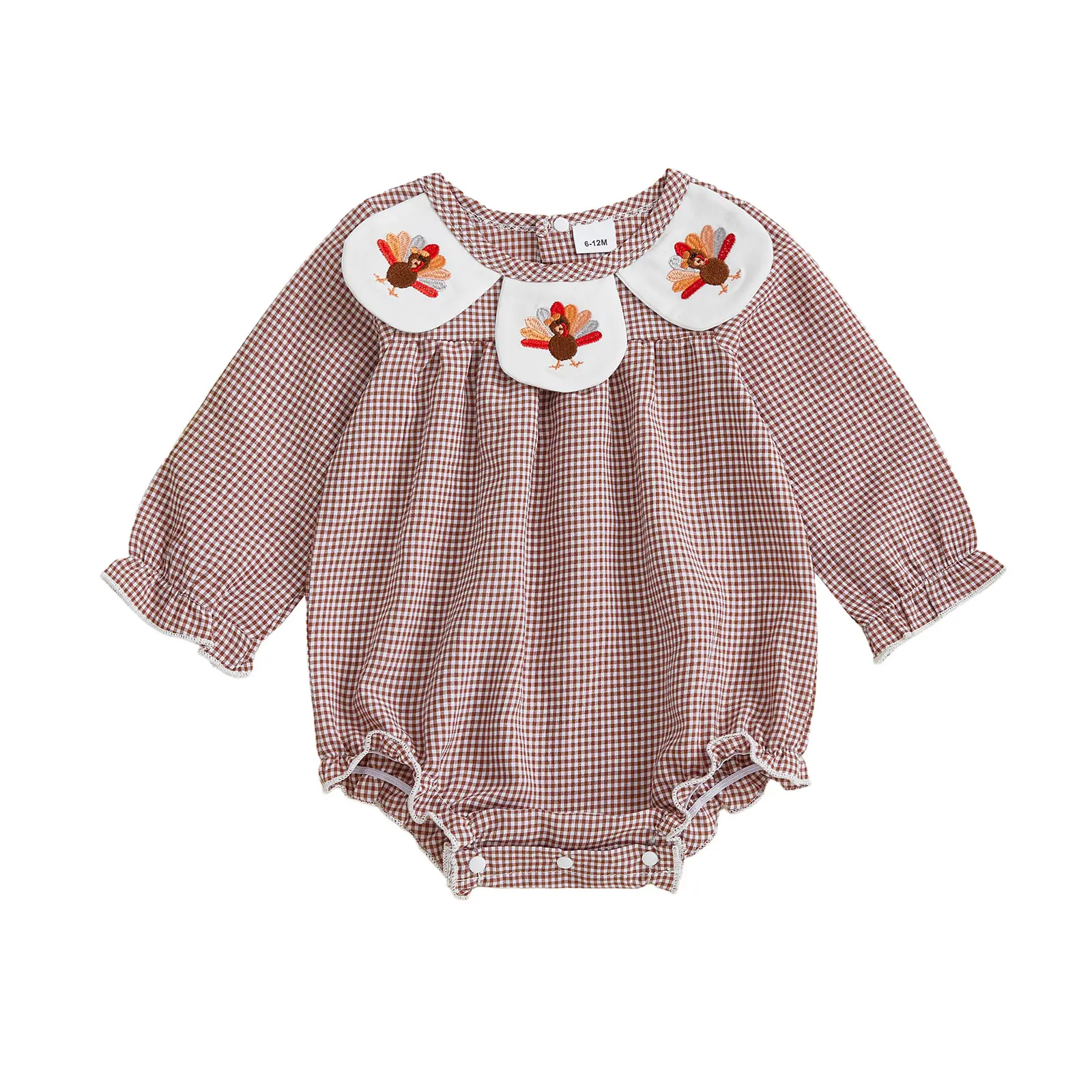 Infant Baby Girl Thanksgiving Embroidery Turkey Plaid Bubble Romper, Long Sleeve Peter Pan Collar Bodysuit, Fall Jumpsuit, O Neck