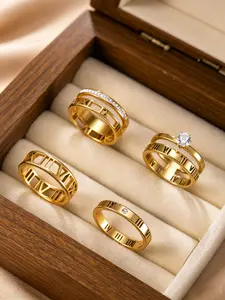 18K Gold Tone Plated 4PCS Roman Numeral Ring Set, Hypoallergenic Tarnish Resistant, Stackable Couple Rings for Men & Women, Cubic Zirconia Inlay, Perfect for Matching & Gifting