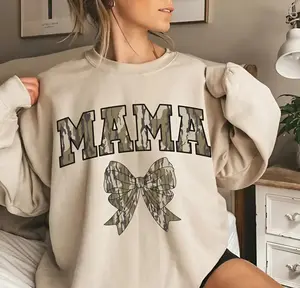 Oldschool MAMA Camo Coquette Bow Sweatshirt - Unisex Cotton Round Neck Tee "MAMA" and Bow Design for Moms, Mother's Day Gift, funny shirt. summer outfit, vacation outfit, graphic tee