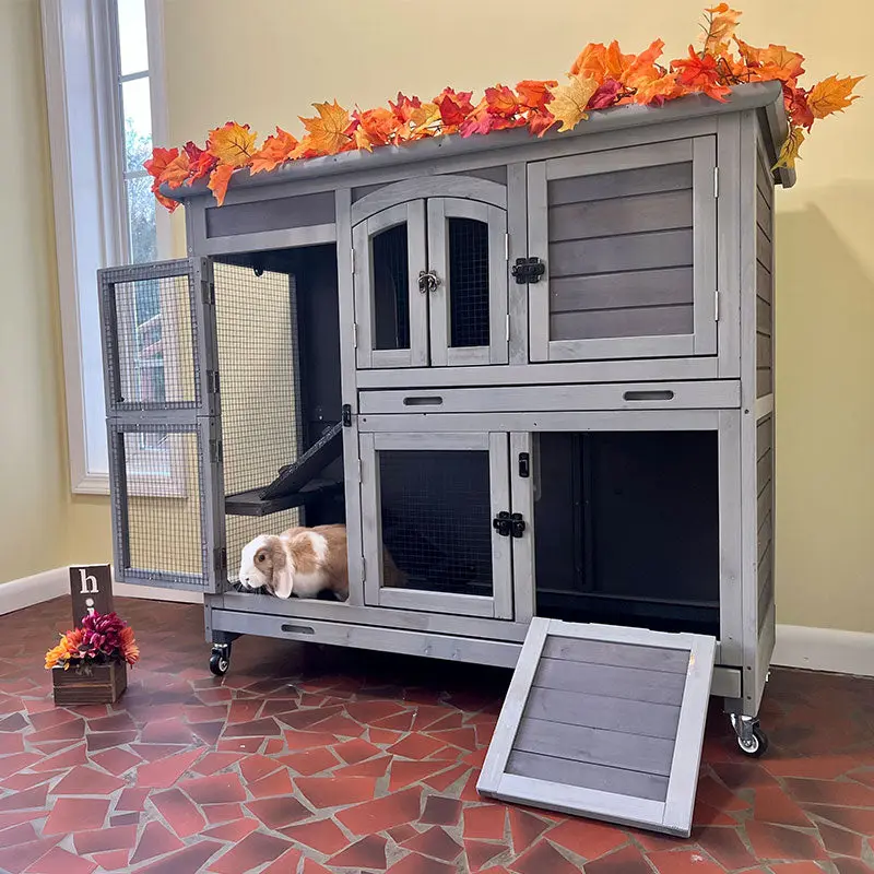 Aivituvin-AIR06-C Wooden Bunny House Outdoor Animal Enclosure, 2-Story Rabbit Hutch with 4 Strong Metal Wheels, 4 Lockable Front Doors, Bunny Cage Setup & Rabbit Hideout (8.32 ft² Inner Space)