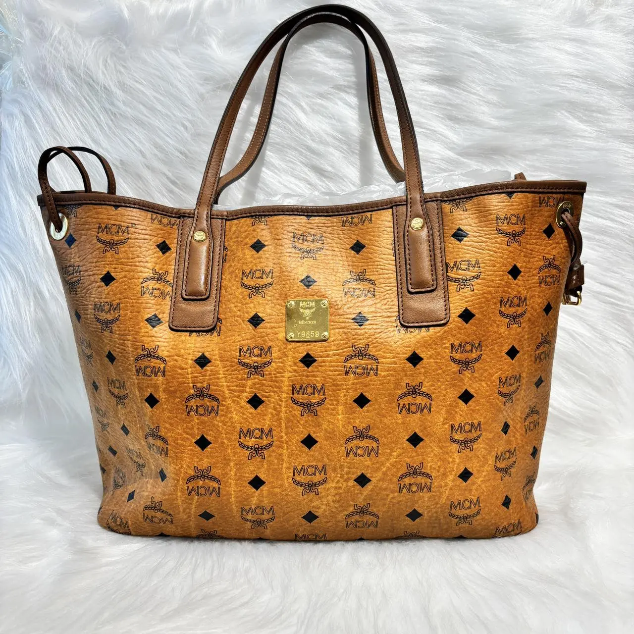 Pre-owned MCM Classic Cognac Visetos Large Tote Bag Leather Trim Gold Logo Plate Drawstring Adjustable Shoulder Shopper