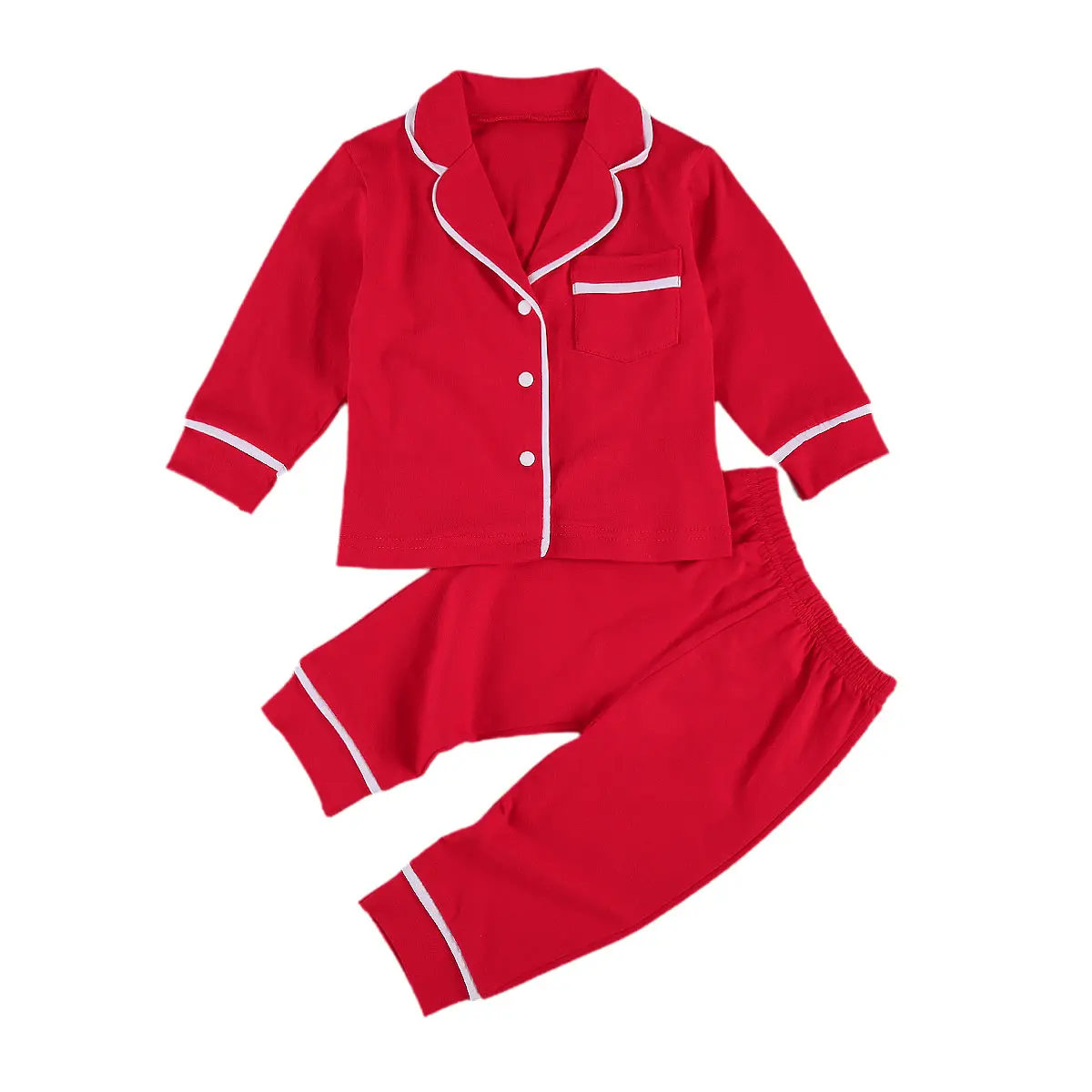 Kids Two-piece Nightwear Clothes Set, Boys and Girls Solid Color Lapel Top + Long Pants, Red/ Pink/ Grey, 0-5 Years