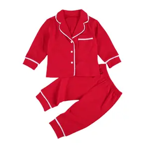 Kids Two-piece Nightwear Clothes Set, Boys and Girls Solid Color Lapel Top + Long Pants, Red/ Pink/ Grey, 0-5 Years