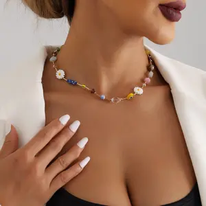 Bohemian multi-element colorful stone beaded crystal thread necklace, pastoral style jewelry for women