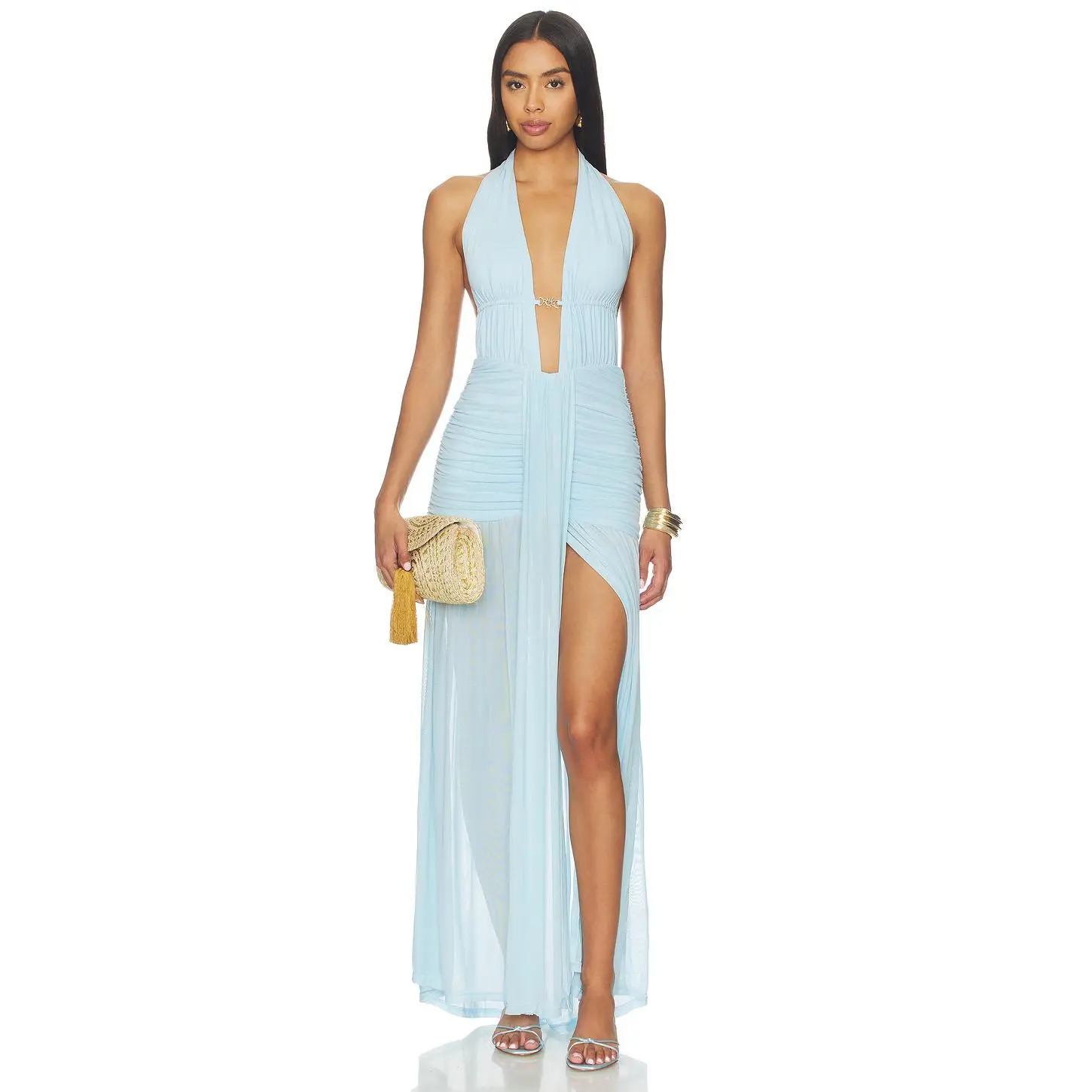Runaway The Label Adrianna Plunge Ruched Maxi Dress in Aqua