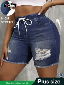 【Plus Size】 Ripped Drawstring Waist Denim Shorts, Casual Fashionable Denim Shorts for Daily Outdoor Wear, Women Plus Clothing for Summer, Womenswear, Bottom, Lady Clothe
