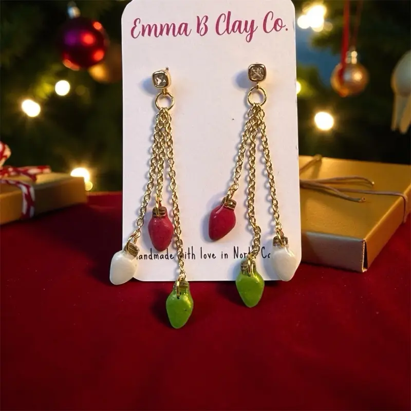 Emma B Clay Co. Christmas Lights Chain Earrings Handmade with Love in North Carolina Festive Red & Green Bulbs