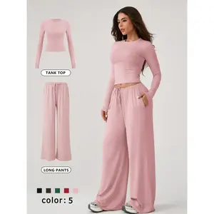 Women's Two-Piece Homewear Set, Soft Skin-Friendly Long-Sleeve T-Shirt and Loose Fit Wide-Leg Pants with Adjustable Drawstring, Casual Loungewear for Daily Leisure, Airport Travel and Home Wear, Women's Pajama Set