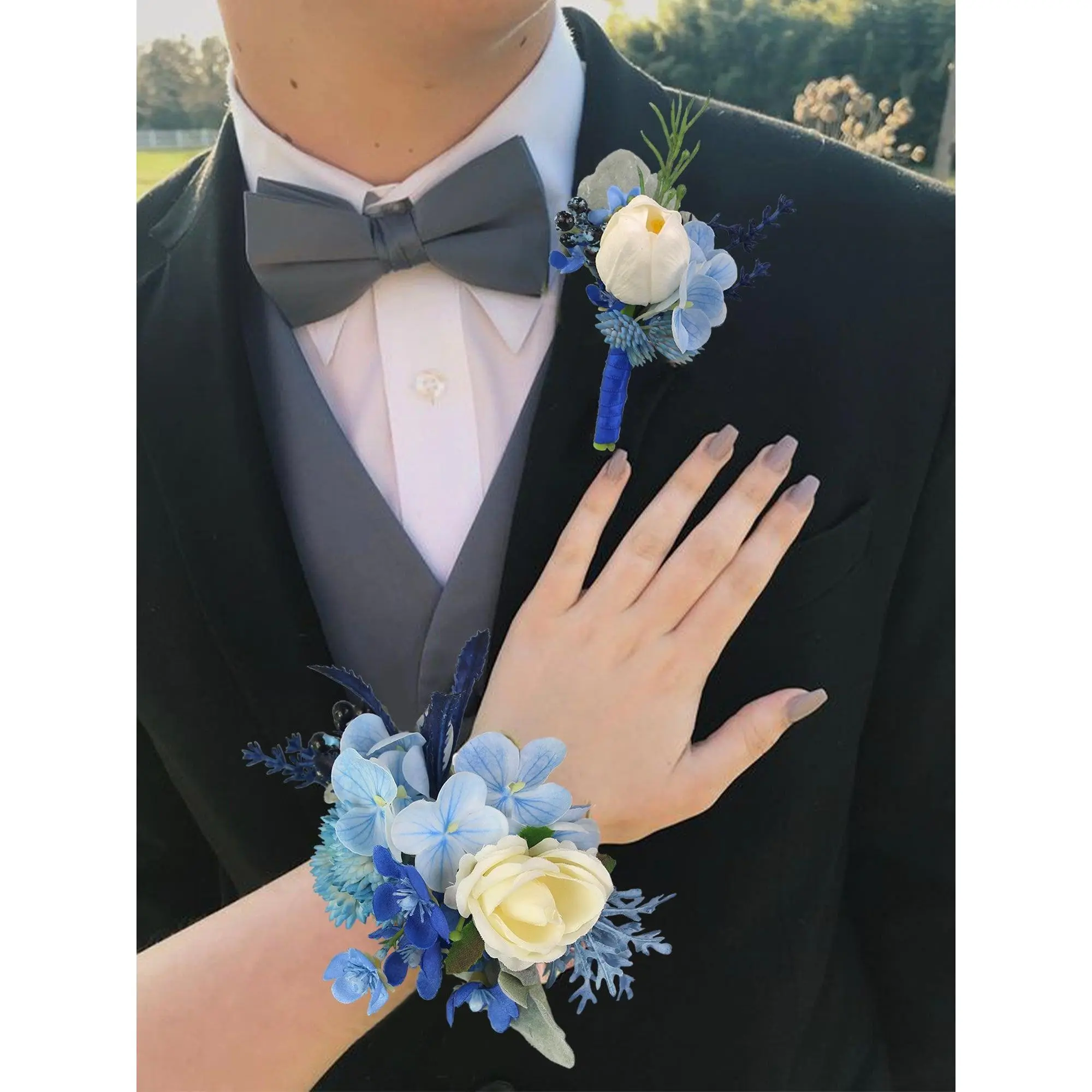 Rinlong 2-Piece Silk Compact Wedding Corsage and Boutonniere Set, Blue Hydrangea & Tulip Floral Pins, Bridal Wear Corsage Accessory