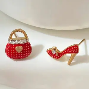Cute High Heel Bag Rhinestone Asymmetrical Earrings