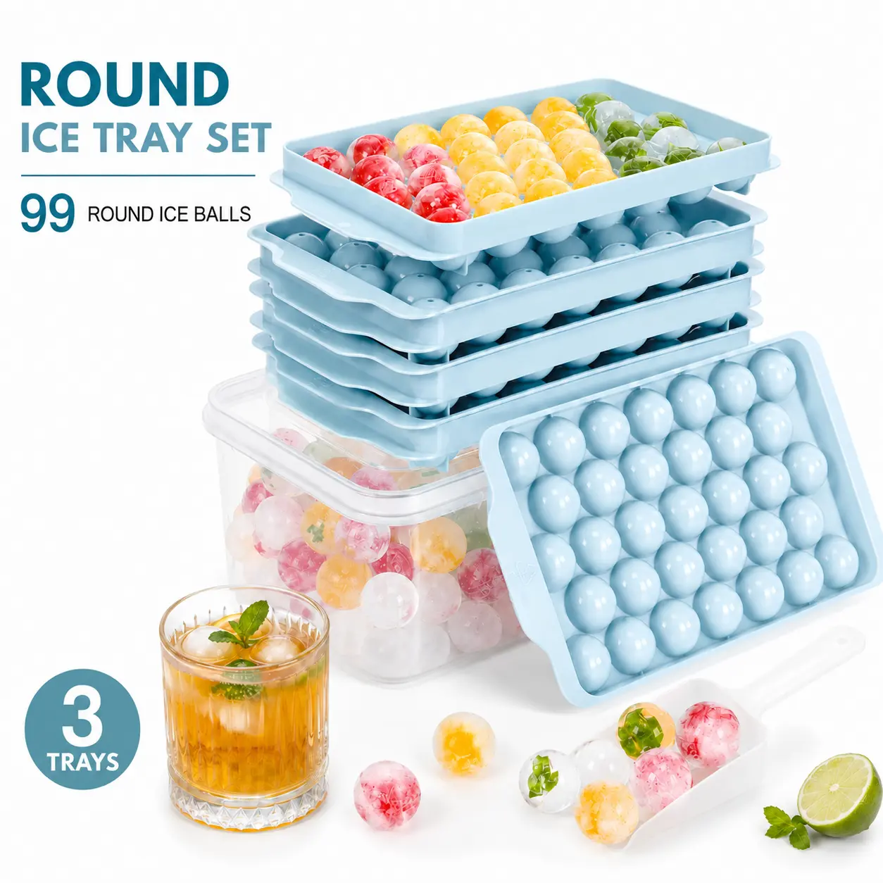 Ice Cube Tray Mold MIUVA 3 Pack Round Ice Trays with Lid Storage Bin and Scoop 99 Ice Balls Easy Release Freezer Ice Maker for Cocktails Coffee RV Camping Blue 1.2 Inch