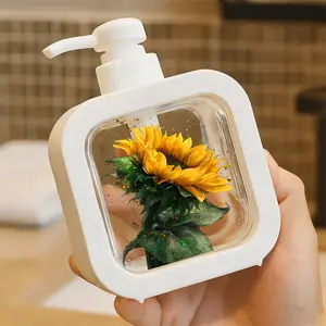 Creative Bathroom Dispenser with Hand Pump - Sunflower Art Design, Bright Yellow Petals & Dark Brown Center, Green Leaves with Veins & Yellow Spots, Dynamic Yellow-Orange Splatters, Suitable For Soap, Lotion