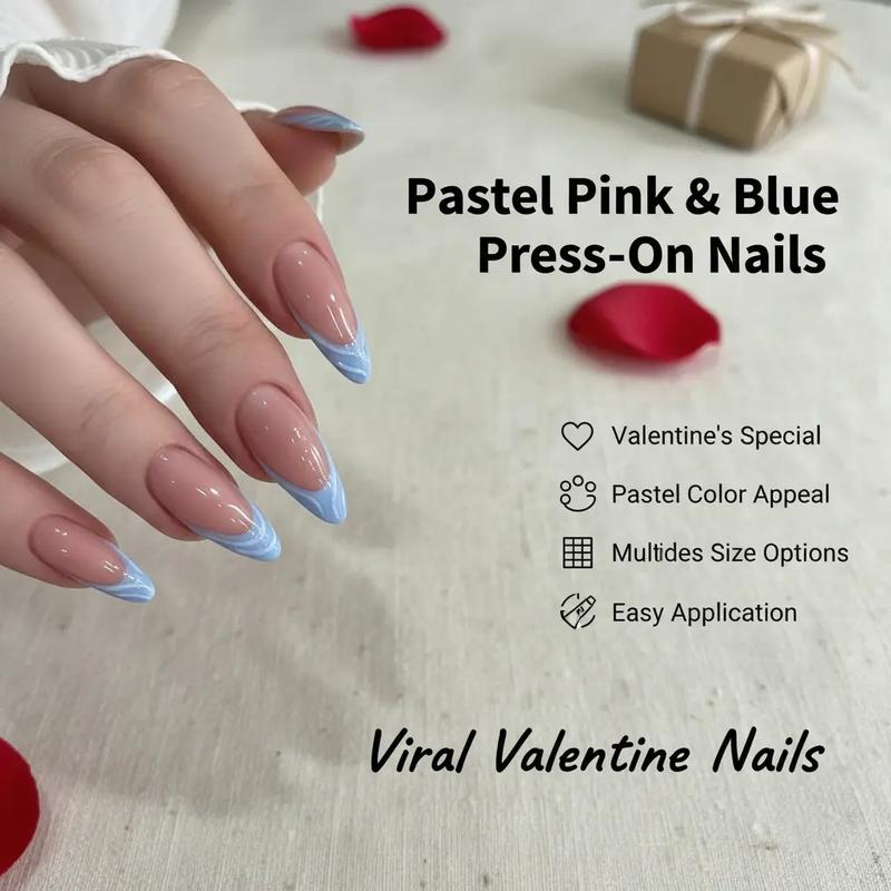 Valentine’s Limited! 24Pcs Pastel Pink & Blue Stiletto French Tip Press-On Nails (12 Sizes) + Free Jelly Glue & File | 2026 Viral V-Day Manicure Reusable