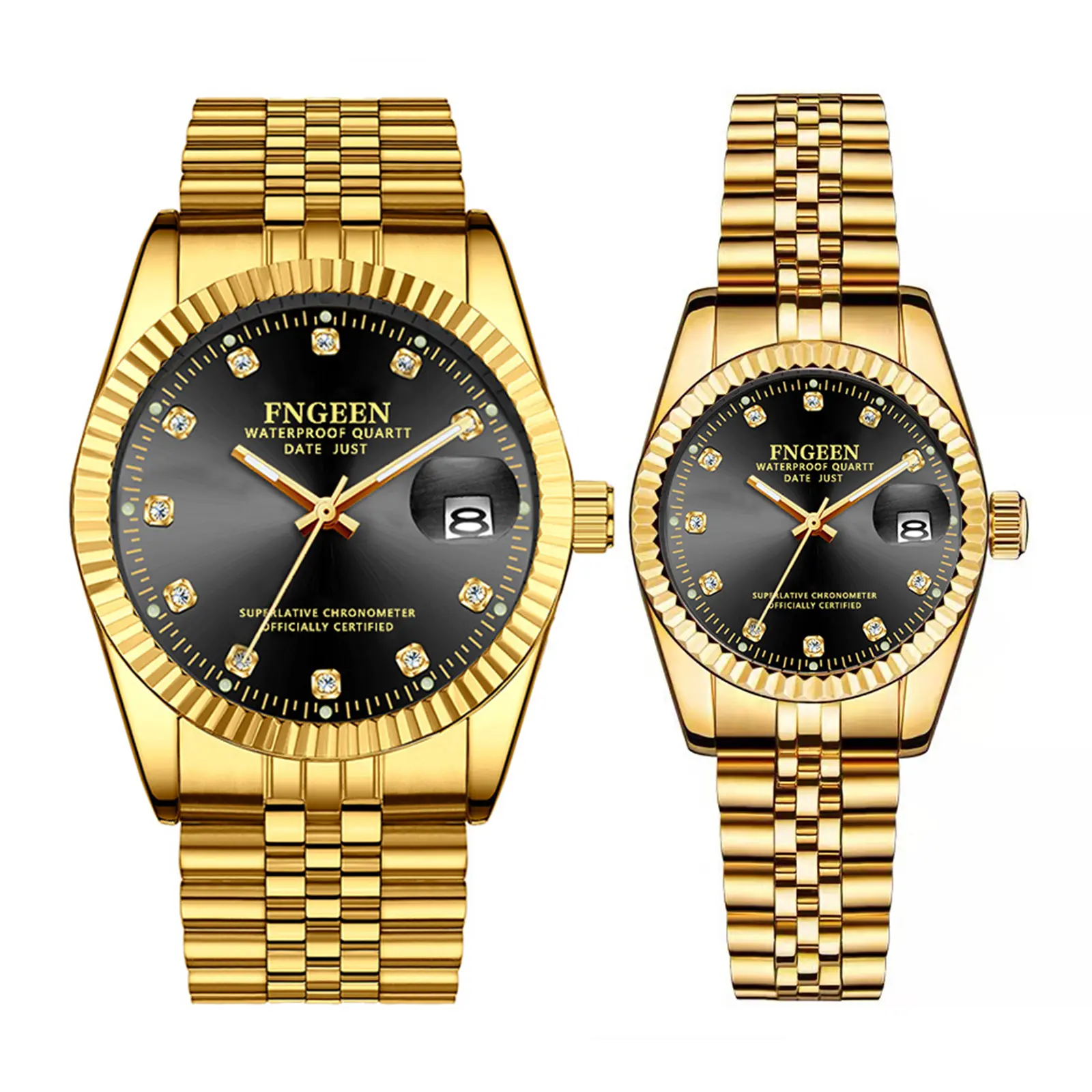 OIDEA Boxed Quartz Watch Set, Modern Fashionable Stainless Steel Wristwatches for Men & Women, 3ATM Water Resistant Watch with Gold-Black Tone, Luminous Date Display & Rhinestone Accents, Modern Fashionable Wristwatch, Boxed Couple Quartz Watches