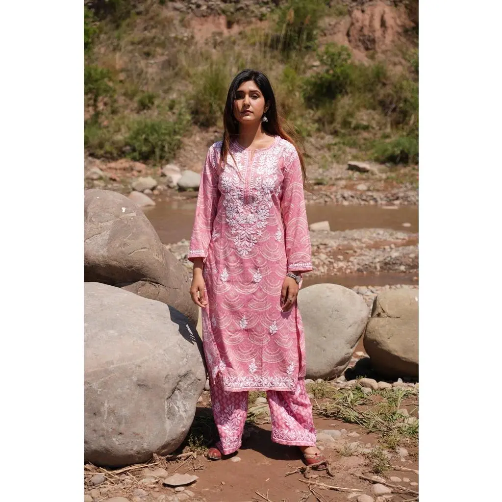 Shiza Printed chikankari kurti and plazzo set in Pink
