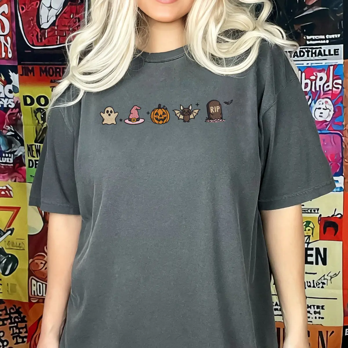 Halloween Icons Embroidered Comfort colors Shirt, Pumpkin Ghost Tee, Cute Halloween shirt, Boo Shirt, Fall Halloween Shirt bb