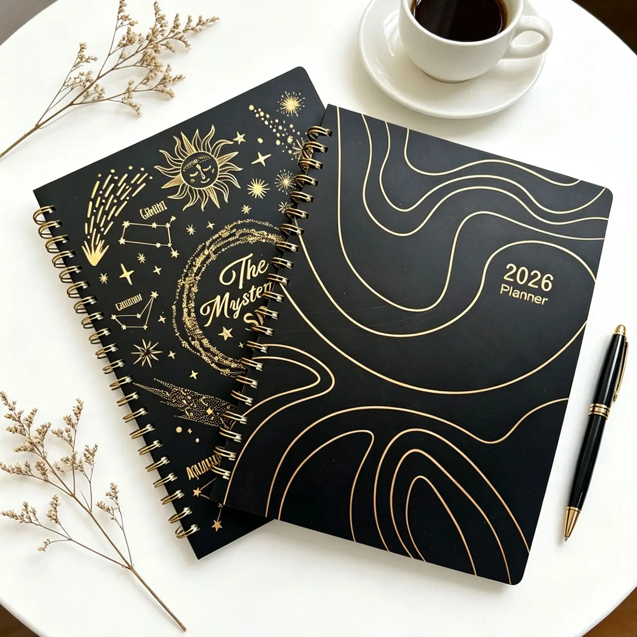 2-Piece English A4 Coil Binding Notebook Set, 2026 Edition, Elegant Gold Wave Design, Fits Standard Documents, Enhances Productivity, Aids Organization Planning, 2-Piece Set