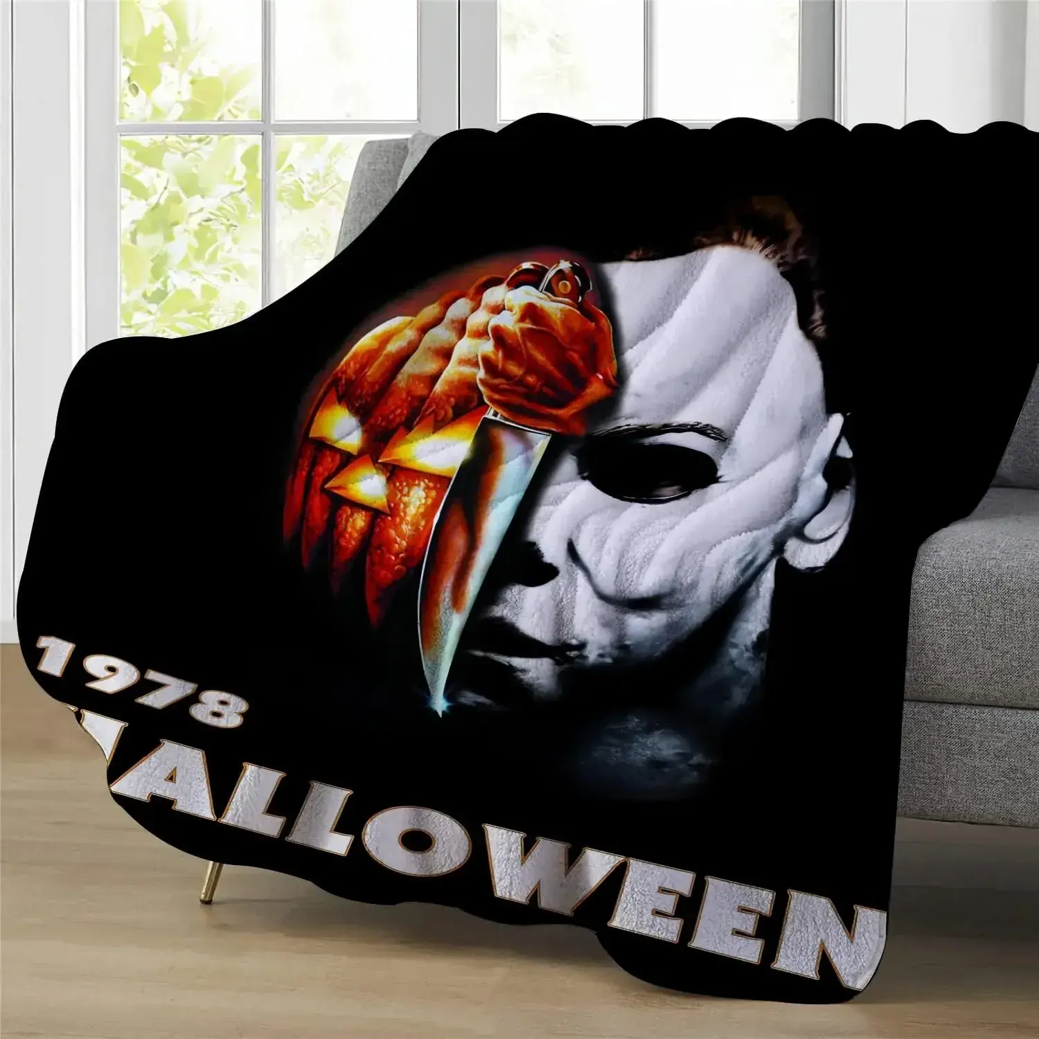 Spooky Horror Slasher Movie Throw Blanket | Jack-O'-Lantern & Creepy Killer Fleece Bedding - Halloween Room Decor for Living Room & Couch Halloween Blanket Horror Movie Blanket Flannel Fleece Throw Blanket for Kids Adults Bedding