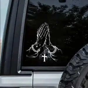 1PC Hardcore Devout Style "Praying Hands Cross" Car Sticker, Suitable for Car Bodies, Motorcycle Side Panels, Laptop Cases, Luggage Decor, Car Decorations, Exclusive Trendy Personalized Decal for Christian Faith and Religious Aesthetics Enthusiasts