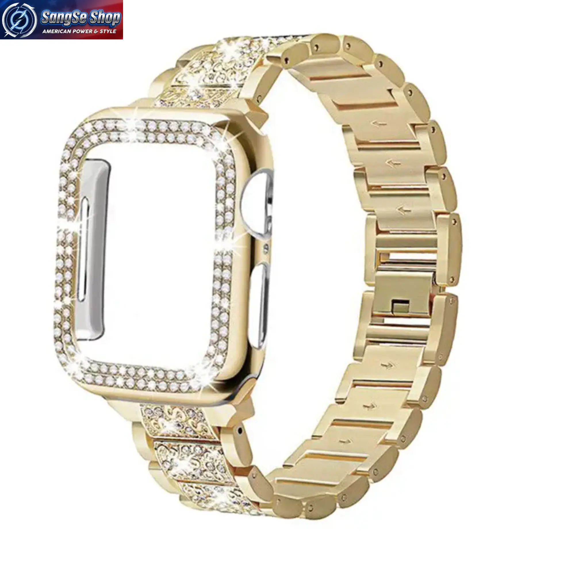 Luxury Diamond-Encrusted Apple Watch Case & Band Set 2026 Trend Metal Protective Cover with Solid Replacement Strap Sparkle Rhinestone Fashion Watch Accessory Compatible with 38–49mm Smart Watches Durable Sports Wristband Jewelry Style Daily Wear Gift Set