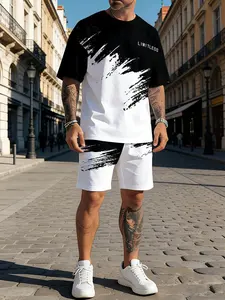 Men's 3D Printed Round Neck Short Sleeve T-Shirt + Shorts Set, Top, Casual Sporty Breathable Outdoor Shorts, Summer 3D Colorblock Print Set
