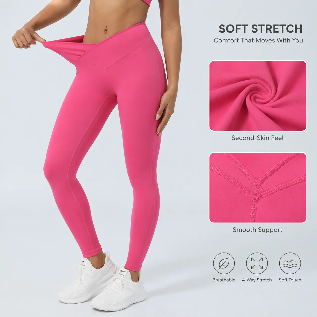 V Cross Waist Butt Lifting Yoga Leggings, Soft 4-Way Stretch Nylon Spandex Workout Leggings for Women Gym Pilates Running