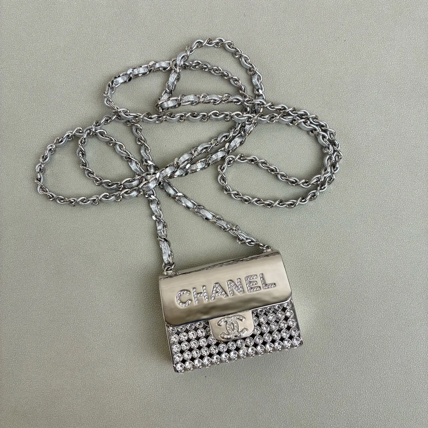 Pre-owned CHANEL 2022 Strass & Leather Purse CC Long Pendant Necklace