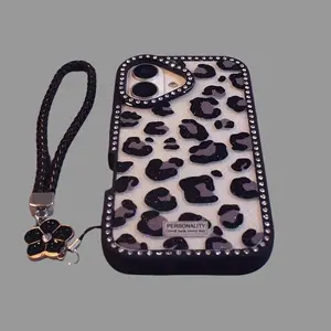 Floral Lanyard Leopard Print Diamond-Studded iPhone Case - Shiny Diamond-Edged Shockproof Protective Cover, Compatible with iPhone 17/16/15/14/13/12 Pro Max, Double-Sided Fashionable Diamond-Studded, Shockproof Protective Case