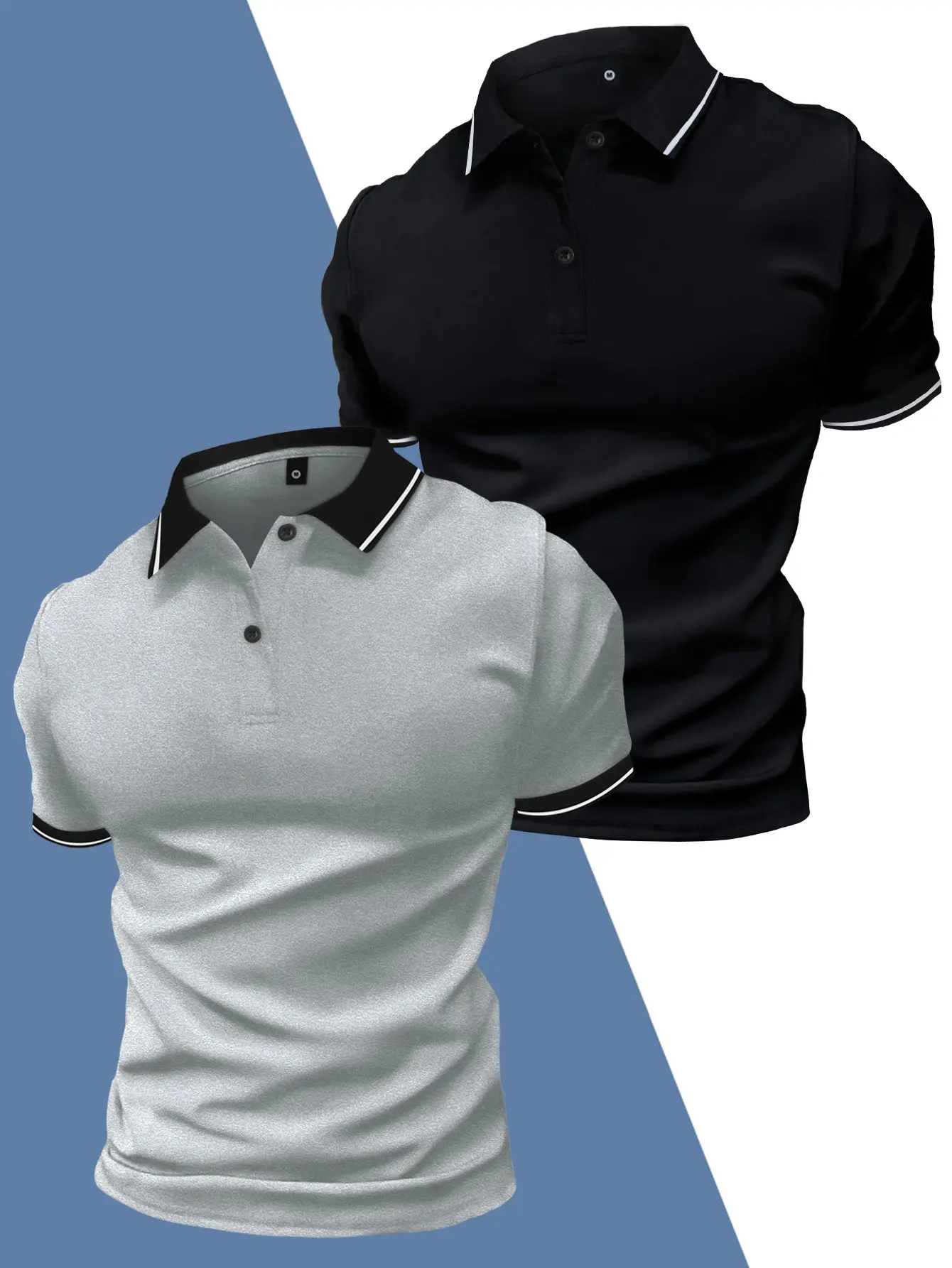 Men’s 2-piece set: a casual polo shirt with a button collar and slightly stretchy fabric, and a lightweight summer work dress shirt with short sleeves—tropical stretch polyester knit, single-layer flat design.