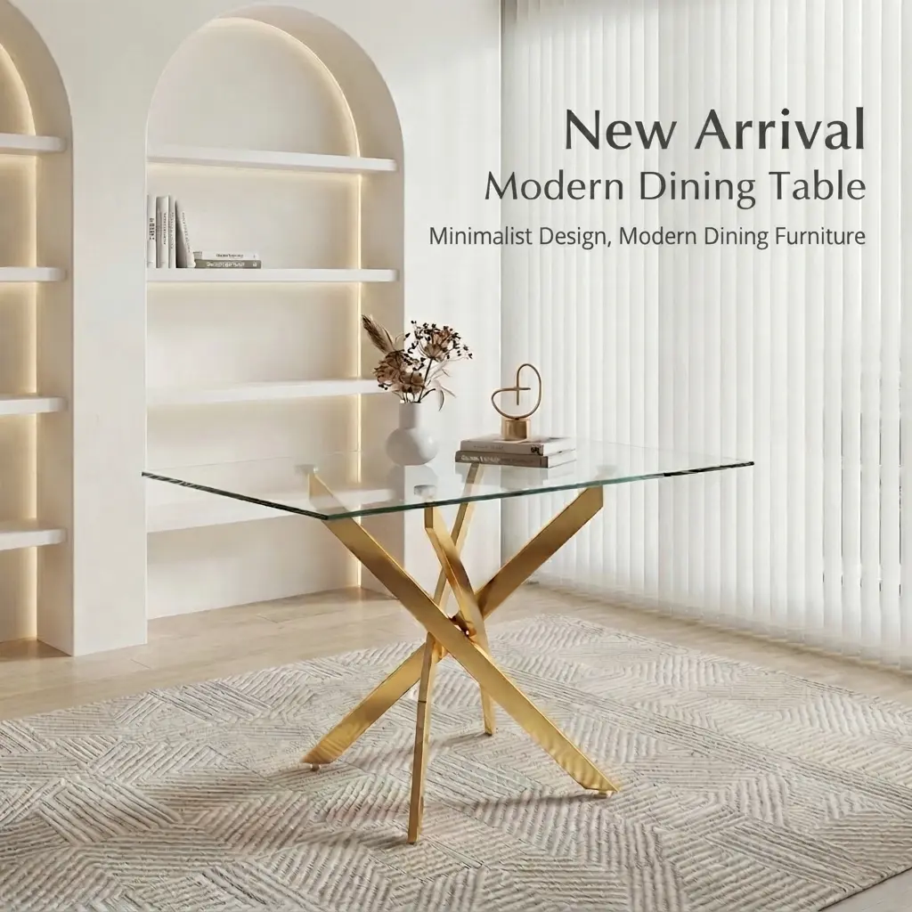 47.2in Modern Glass & Metal Dining Table - 3-in-1 Compact Ergonomic Rectangle Dining Tables, Tempered Shatterproof Mirrored Finish with Gold Legs, Assembly Required Home Office Desk for 4 Minimalist Decor