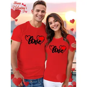 Couple's Valentine's Day Sports Tops, Women's Lady's Clothes, Round Neck Short-Sleeve Casual Tees, 100% Polyester Knit Fabric with Slight Stretch, All-Season Wear, Love Heart Print