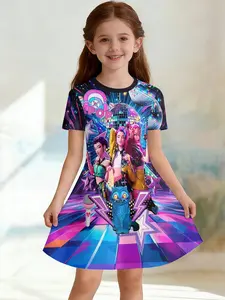 K-Pop Demon Hunters Disco Print A-Line Dress for Girls, Casual Short Sleeve Skirt, Fashion Outdoor Wear, Birthday and Holiday Gift
