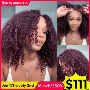 UNice 250% Black Cherry Burmese Curly Wig with Layer Finger Coil Ends Glueless 7x5 Lace Closure Human Hair Wigs No Slip Natural Hairline for Beginners Summer Wig