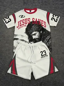 Vintage Jesus Print Short Sleeve Top + 23 Number Gym Shorts Set, Street Style Loose-Fitting Casual, Trendy Fashion Ensemble