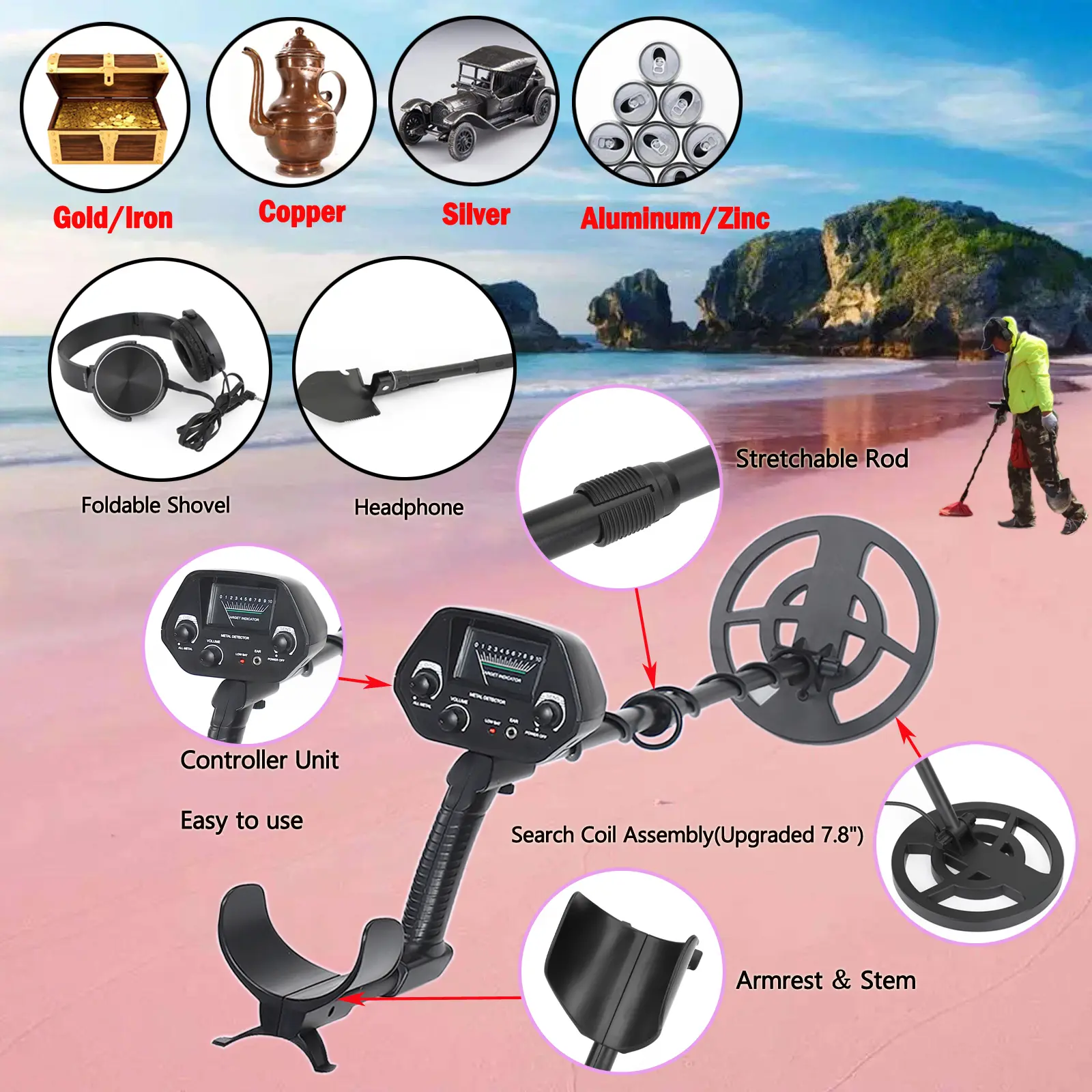 Areyourshop Big Coil Handheld Metal Detector Tool Kit - Portable, Deep Sensitive, ABS+Aluminum, Audio Alert, with Shovel and Headphone, Shovel&Headset