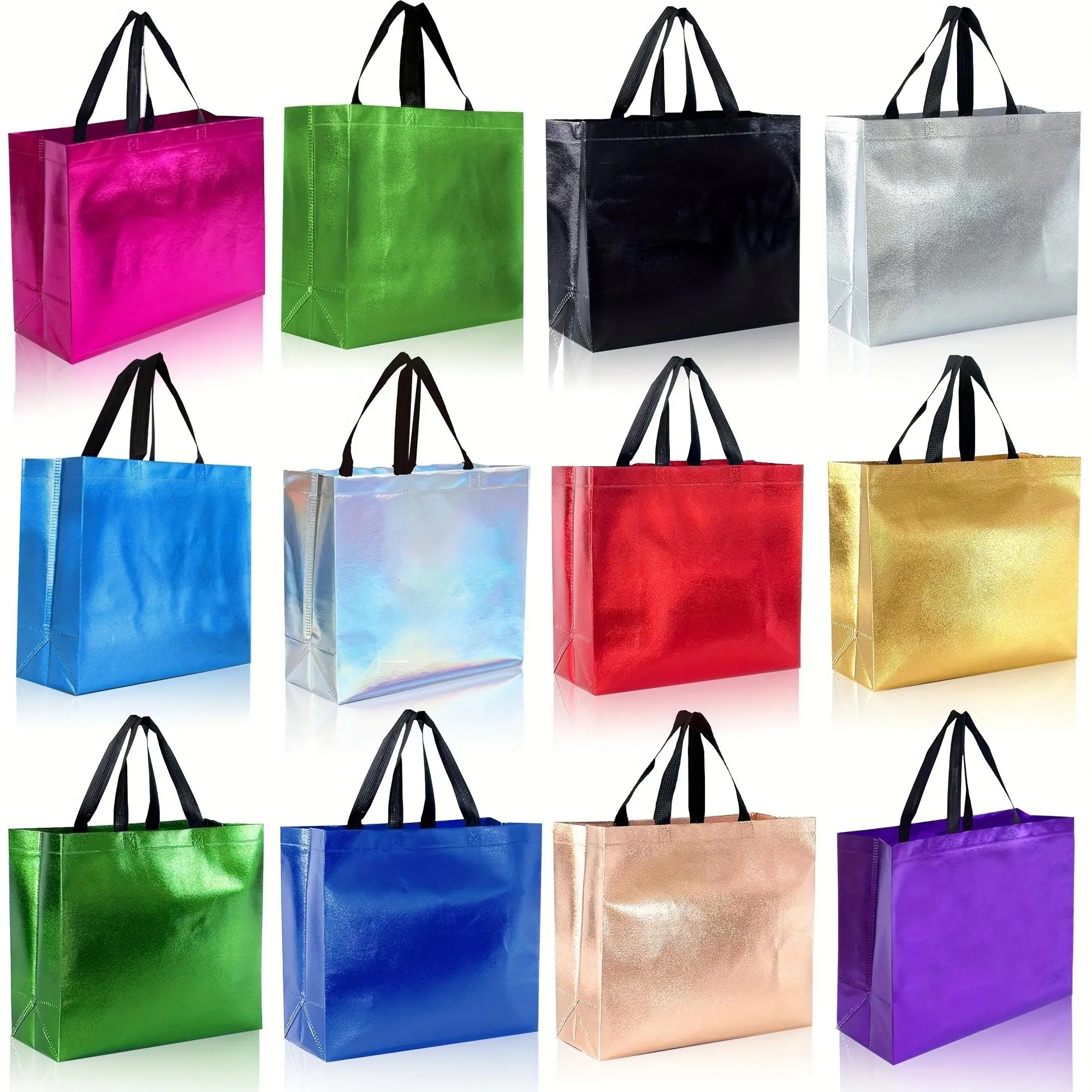 12pcs Large Glossy Reusable Non-Woven Gift Bags - Lightweight, Waterproof, Multi-Function, Foldable Space-Saving, with Heavy-Duty Storage Tote, 12 Vivid Colors, for Birthday, Wedding, Business Use