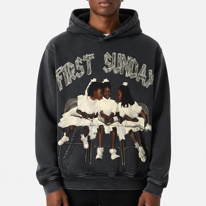 Sopula Studio Men's Vintage First Sunday Faith Graphic Acid Washed Oversized Hoodie Casual Loose Sweatshirt Long Sleeve