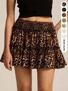 Women's Summer Daily Vintage Vacation Leopard Print Ditsy Floral Solid Color Ruffle Cake High Waist Mini Skirt Bottom Home Outdoor Urban Regular Trend Casual Elegant Youth Simple Versatile Texture Temperament Natural Literary Art