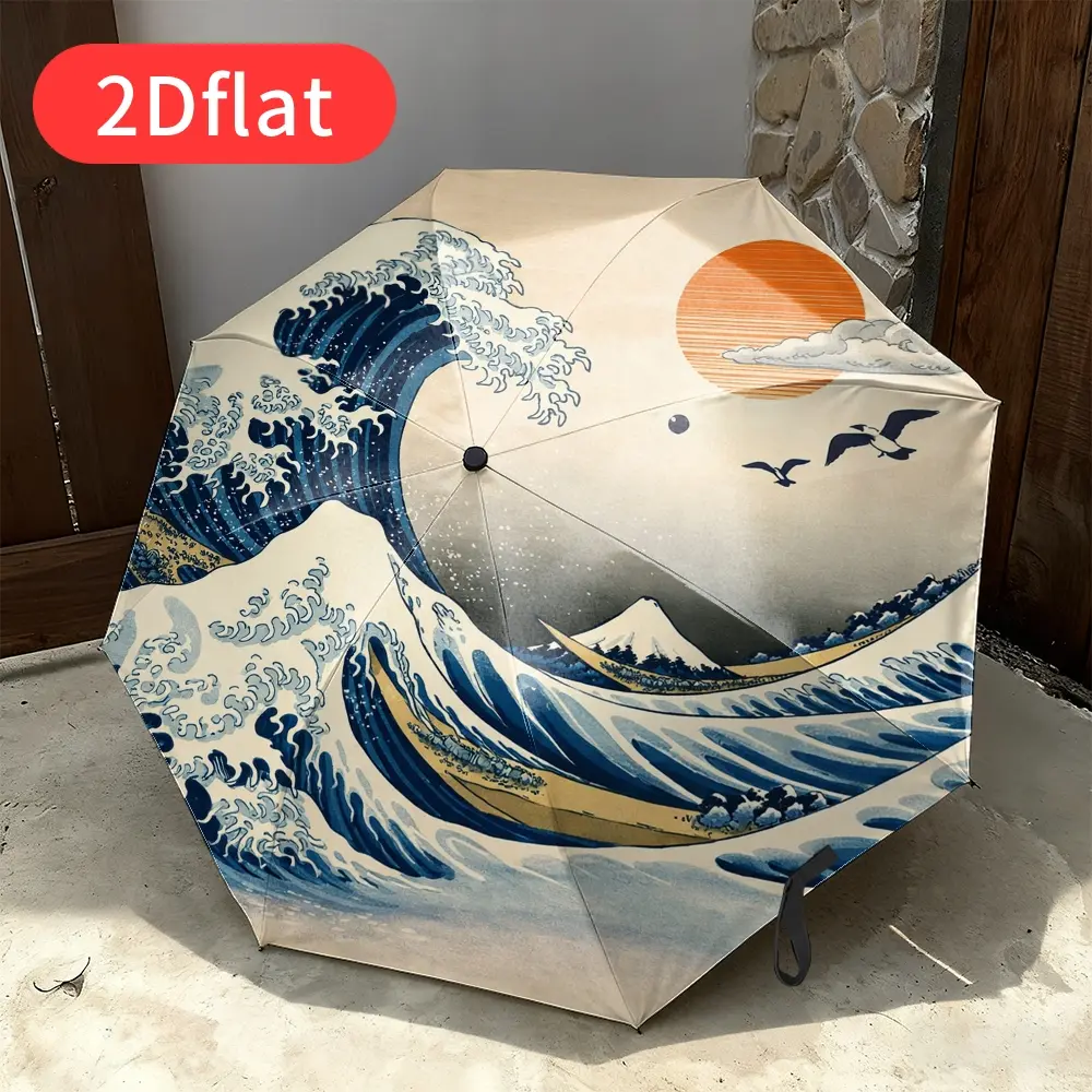 Automatic open/close umbrella featuring "The Great Wave off Kanagawa" design – Japanese art umbrella, compact travel size, 8-rib reinforced frame, windproof and portable, perfect gift for women/men, anime lovers,