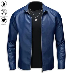 Men'S Faux Leather Bomber Jacket with Multiple Zipper Pockets - Stand Collar, Zip Closure, Polyester Lining, Regular Fit, Mature Style, Casual Outerwear|Stylish Bomber Jacket|Zippered Jacket