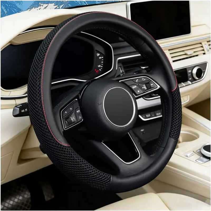 15in Microfiber Breathable Honeycomb Ice Silk Leather Steering Wheel Cover, Soft Anti-Slip Safety Car Interior Decoration Accessory, 4-Season Universal for Most Trucks, SUVs, Cars (Black)
