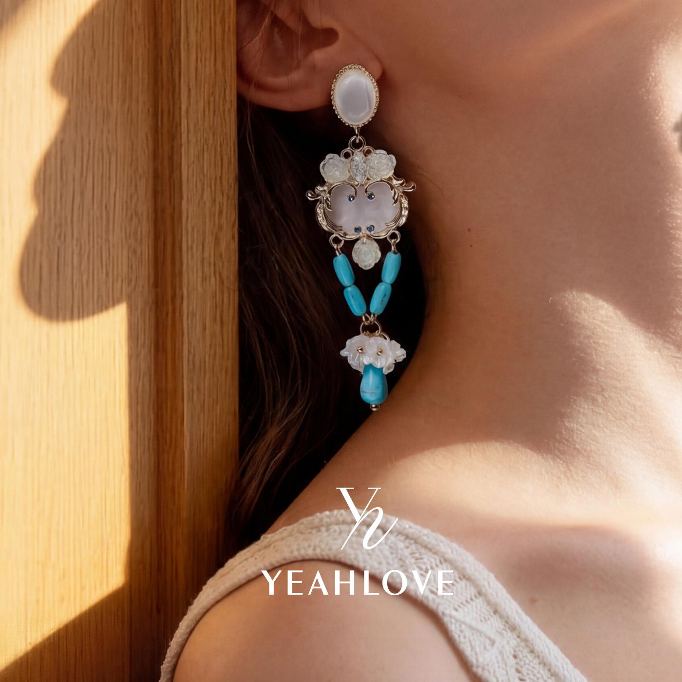 YEAHLOVE Boho Turquoise & Mother-of-Pearl Floral Drop Earrings  925 sterling silver posts — hypoallergenic, sensitive ears friendly. Vintage romantic statement style. Perfect for daily wear, parties, or gifting.
