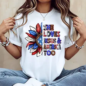 Sunflower And American Flag She Loves Jesus And America Too Print T Shirt Women Casual Short Sleeve Top