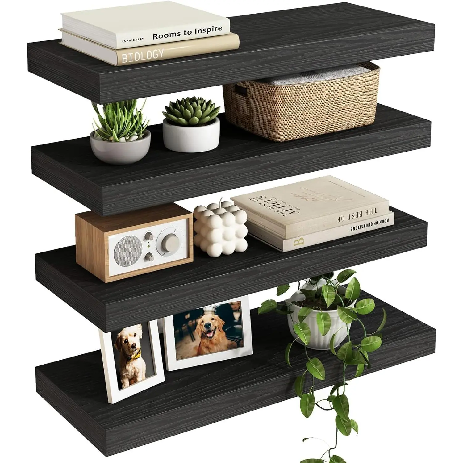 4-Piece 15.8-Inch Black Rustic Wood Floating Wall Shelves for Storage, Books, Blank Wall Small Space Decor (Bathroom, Living Room Use)