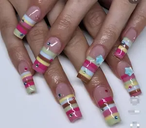 Pastel Rainbow Stripe Press On Nails, Y2K Colorful French Tip Nails, Cute Star Rhinestone Nail Art